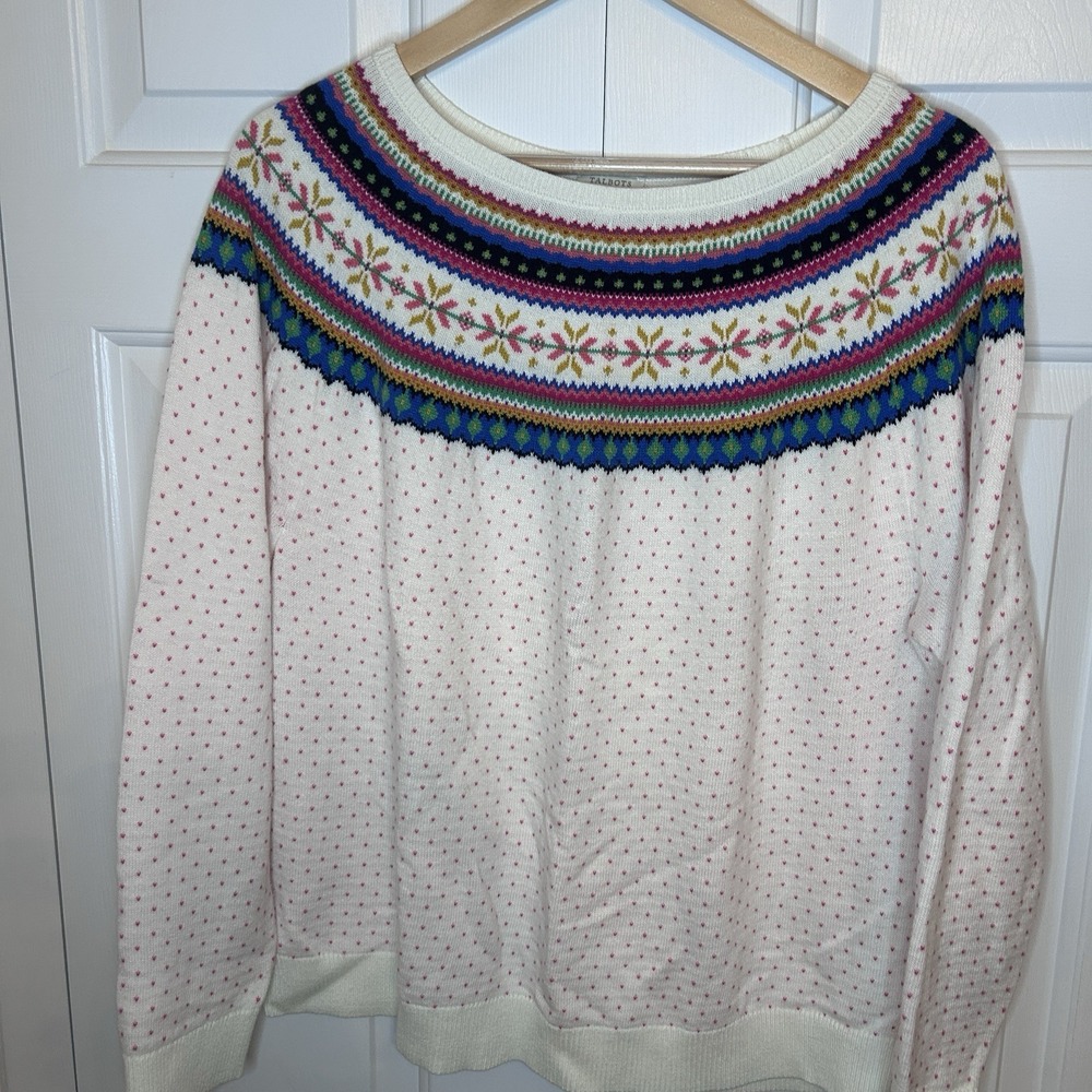 Talbots Lambswool Blend Fair Isle Sweater Sz XL Cream Pink Nordic Crew Neck Warm